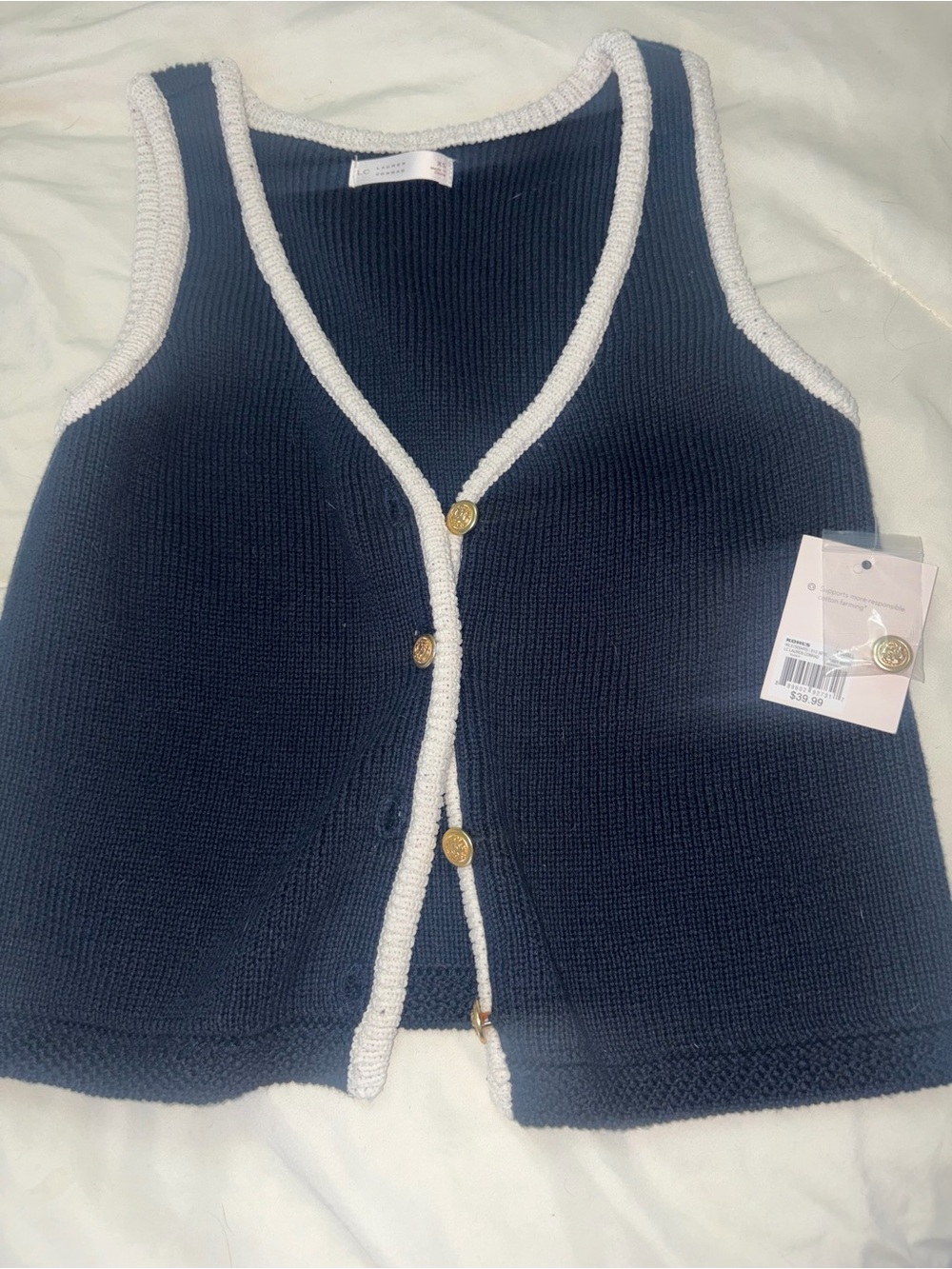 LC Lauren Conrad Navy Knit Button-Front Vest with White Trim